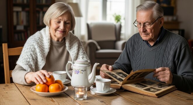 Elderly couple enjoying tea and reminiscing while looking at photo album - Powered by Adobe
