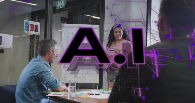 Presenter standing by flipchart and pointing, initiating purple AI overlay, highlighting technology