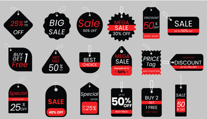 Collection of sale tags with different discounts and promotional offers on a gray background vector