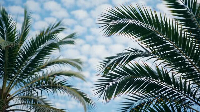 Lush palm trees against a vibrant, cloud-filled sky, creating a serene tropical atmosphere
