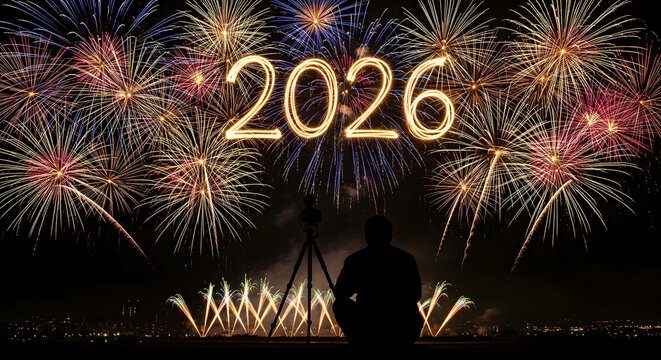 Silhouette Photographer Capturing 2026 New Year Fireworks Display