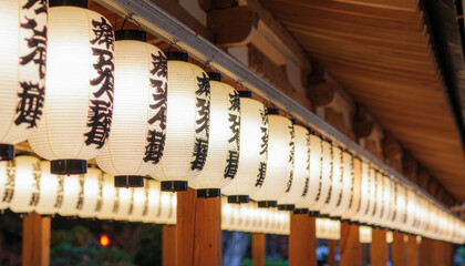 A long row of traditional white chōchin (lanterns) with black Japanese characters, illuminating a wooden temple walkway at dusk.