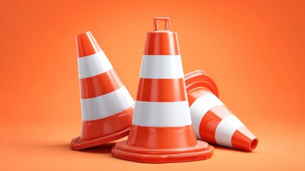 Three vibrant orange and white traffic cones rest on a matching orange background; one stands upright, the others are askew, suggesting a scene of temporary road closure or construction