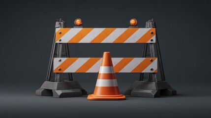 Roadwork barrier and cone, white and orange stripes. Lights on barrier