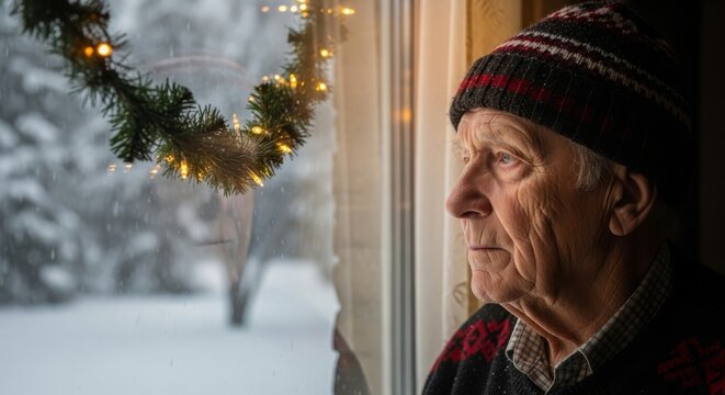 Elderly man looking thoughtfully out the window during winter