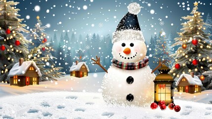 Charming winter wonderland a joyful snowman amidst a festively adorned village under soft snowfall
