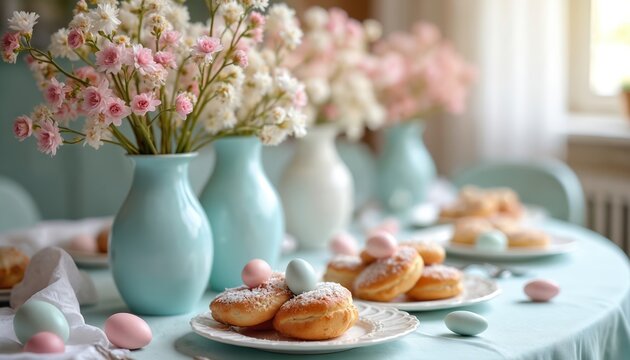 Easter still life photo with eggs flowers and donuts. Pastel colors table setting with flowers in vases. Festive spring holiday home decor. Dessert breakfast concept. - Powered by Adobe