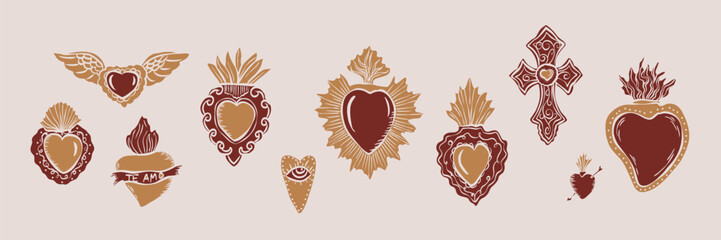 Flat vector doodle sacred hearts set
