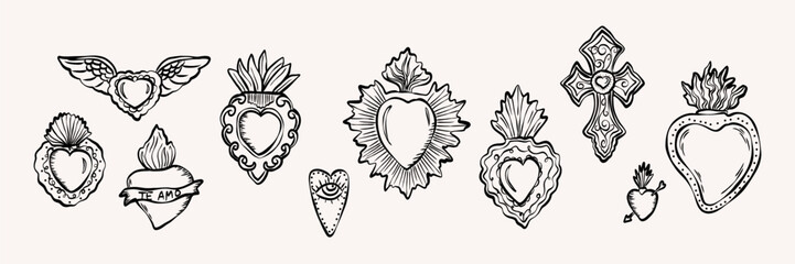 Collection of hand drawn sacred hearts. Whimsical and mystical drawing