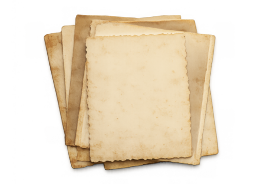 Stack of vintage blank paper cards with textured aged edges on a transparent background for memory and nostalgia