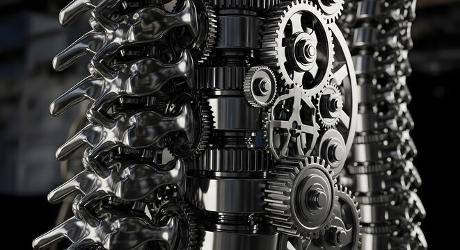 Close-up of intricate metallic gears and interlocking components, forming a complex mechanical structure symbolizing precision engineering and industrial innovation