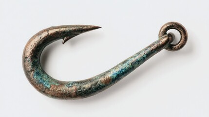 Ancient, patinated copper fishing hook with barbed end and looped eye, isolated against white
