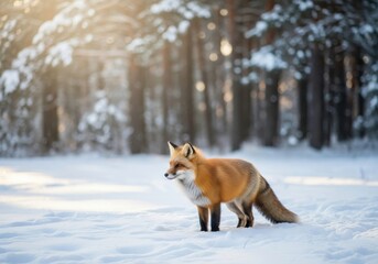 Red fox standing in snowy forest clearing
