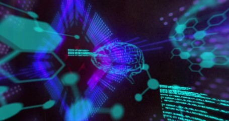 Red diamond pulsing, cyan mesh brain emerging and floating while code scrolling to show neural data - Powered by Adobe