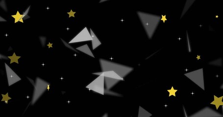 Abstract stars starting with white glints, gold stars and grey shards drifting, rotating for UI - Powered by Adobe
