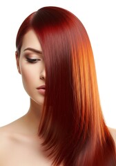 Naklejka premium Beautiful woman with long, voluminous red hair blowing across her face. Shiny, healthy hairstyle. Perfect for hair care products, shampoo ads, and salon branding.