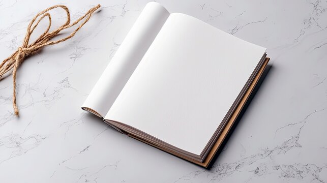 An open blank notebook with white pages and a brown cover lies on a white marble surface next to a bundle of twine.