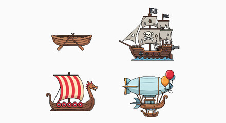 Pixel art vintage transport collection airship pirate viking boat flat design vector illustration game asset retro