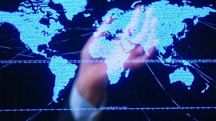 A hand interacts with a luminous digital world map. Blue lines connect continents - Powered by Adobe