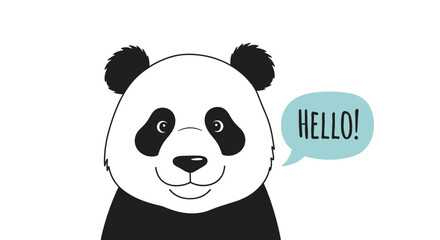 A friendly cartoon panda character greets with a hello message in a speech bubble, depicted with a warm smile on a white background.