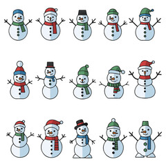 Various Cheerful Snowman Characters in Winter Attire, including Top Hat, Scarf, Santa Cap, Earmuffs, and Vest, Perfect for Christmas, Winter Holiday, and Seasonal Decoration
