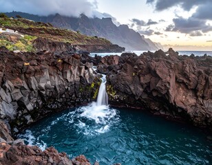 A scenic coastal view with a cascading waterfall flowing into a dark, rocky pool near dramatic mountain peaks under a cloudy sky