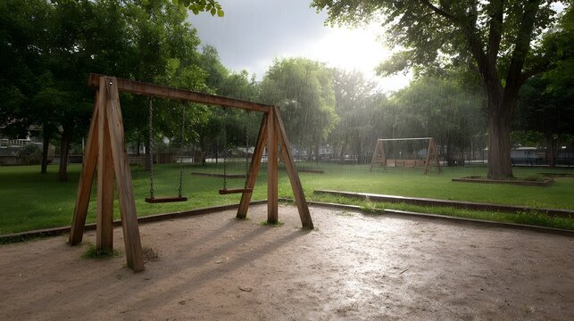 Empty wooden playground swings in a park during gentle rain with sunlight peeking through the trees