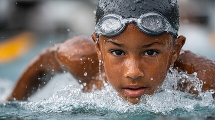 Young swimmer emerging from water with intense focus and droplets, ideal for athletic campaigns, sports brands and motivational materials.
