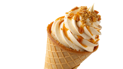 A soft serve ice cream cone with caramel topping and crushed nuts, isolated on transparent background
