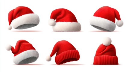Six red Santa hats with white fluffy trim and pom-poms are arranged on a white background