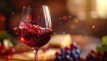 Elegant red wine swirling in a glass with blurred background.