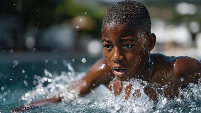 Outdoor swimmer in motion with sparkling water and strong sunlight, perfect for fitness promotions, sport articles and active lifestyle designs.
