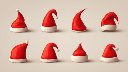 Eight red Santa hats with white fur trim, on a beige background