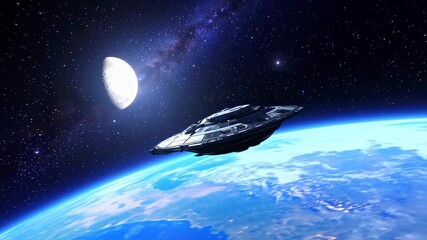 A futuristic disc-shaped spacecraft hovers above a planet, next to the moon, set against a starlit background - Powered by Adobe