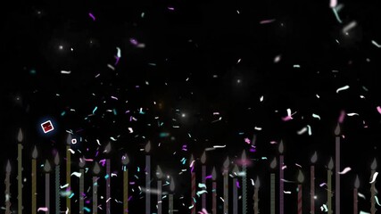 Happy birthday to you text with confetti and candles on a black background celebration scene