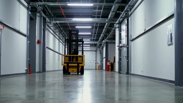 A wide, glossy industrial hallway features a yellow forklift. Overhead, pipes and lights are visible
