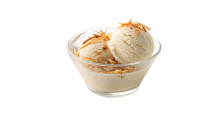 Two scoops of creamy vanilla ice cream topped with toasted coconut flakes in a glass bowl, isolated on transparent background