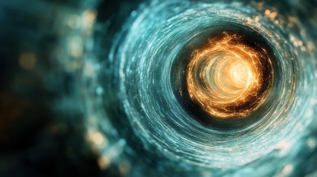 Dynamic glowing tunnel with blue and golden light, symbolizing data flow and futuristic motion; ideal for tech backgrounds and digital innovation materials.