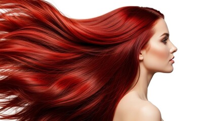 Naklejka premium Woman's profile with beautiful long red hair blowing in wind. Shiny, healthy, and voluminous hairstyle isolated on white. For hair care, shampoo ads, and salon branding.