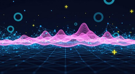 Futuristic Digital Waveform Visualization with Glowing Particles and Geometric Network