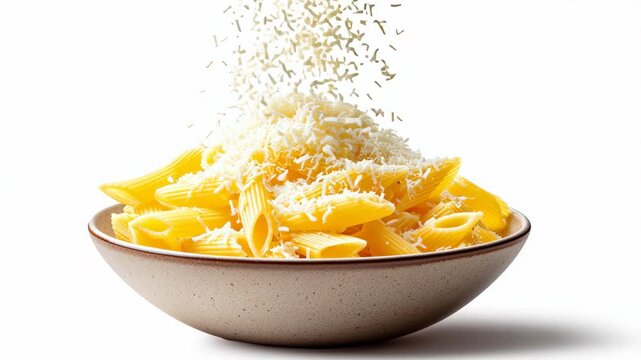 Delicious bowl of vibrant yellow pasta topped with finely grated cheese creates delightful culinary meal that food lovers will adore