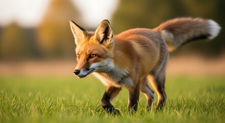 Fototapeta premium Majestic Red Fox Walking Through Grassy Field at Sunset
