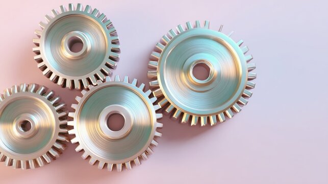 Four metallic gears arranged on a soft pink background