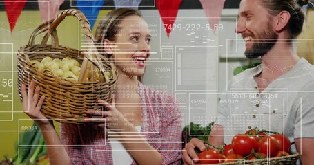 Woman lifting basket tilting spuds man holding tomatoes HUD shifting over duo boosting market sales