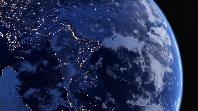 A night view from space showing illuminated cities on Earth, with blue atmosphere and dark void