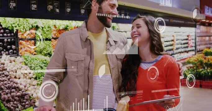 Woman checking grocery list on tablet touching man's arm and hugging while HUD overlaying on tablet