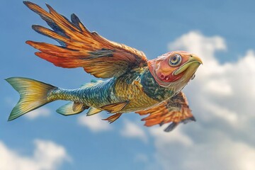 Fototapeta premium Unique depiction of a fish with wings soaring through a bright blue sky filled with clouds