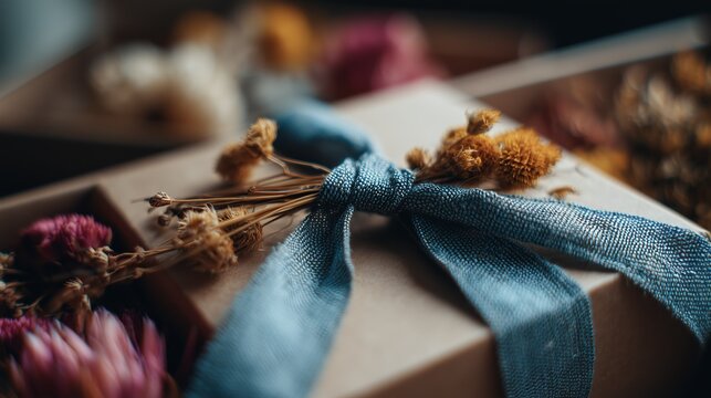 A beautifully wrapped gift box adorned with a blue ribbon and dried flowers, perfect for romantic or rustic occasions.