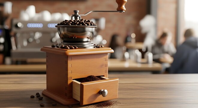 Vintage Coffee Grinder with Beans and Grounds