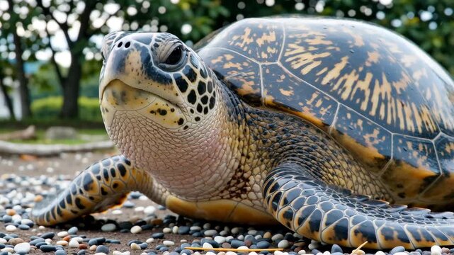 Close-up view of a hawksbill turtle resting on a sandy surface with vibrant natural surroundings